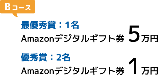 [Bコース]最優秀賞：1名 Amazonデジタルギフト券 5万円 優秀賞：2名 Amazonデジタルギフト券 1万円